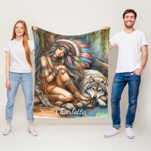 Cobertor De Velo Um momento sereno entre índio nativo e lobo