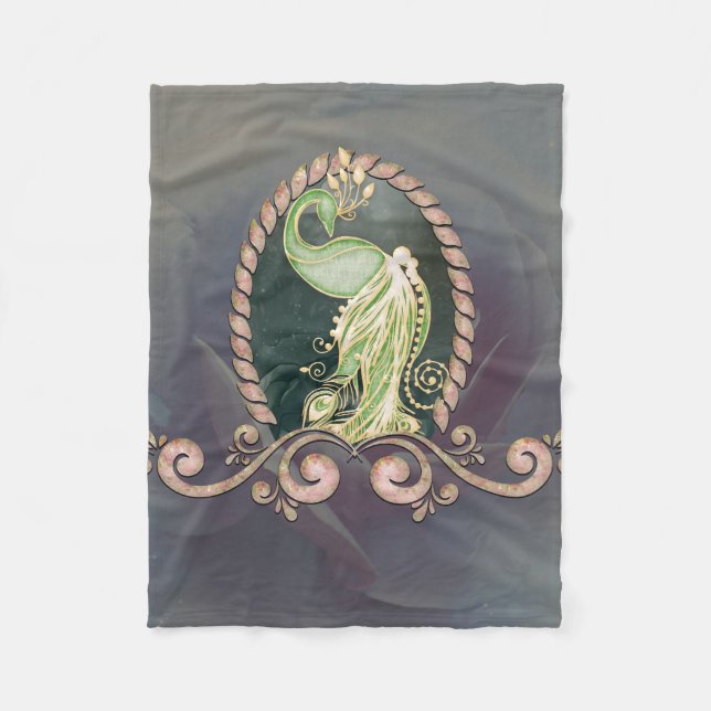 Cobertor De Velo Um pavão majestoso em ouro e verde (Frente)