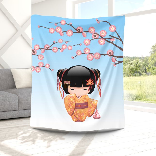 Cobertor De Velo Ume Kokeshi Doll - Japonesa Geisha Girl Blue (Criador carregado)