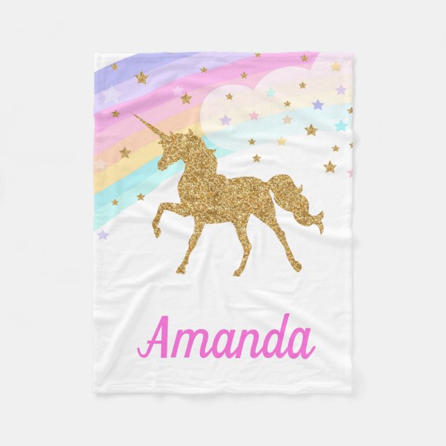 Cobertor De Velo Unicorn Fleece Blanket, rosa e Dourado (Frente)