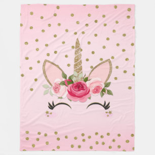 Cobertor De Velo Unicórnio Fashion Glitter Dourado & Floral Rosa
