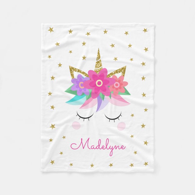 Cobertor De Velo Unicórnio Flores Douradas - Lente Personalizada Gi (Frente)