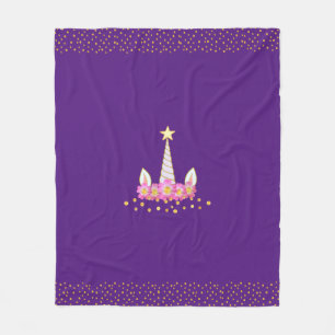 Cobertor De Velo Unicórnio, flores e confetes dourados em roxo real