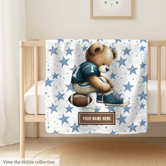 Cobertor De Velo Ursinho Americano de Futebol Banquete para Chá de  (Cute teddy bear football blanket, personalized for a memorable boy birthday gift.)