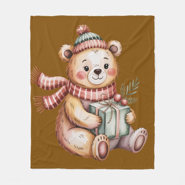 Cobertor De Velo Urso de pelúcia de Natal fofo segurando presente e (Frente)