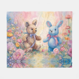 Cobertor De Velo Urso de pelúcia e coelho num jardim de pastel