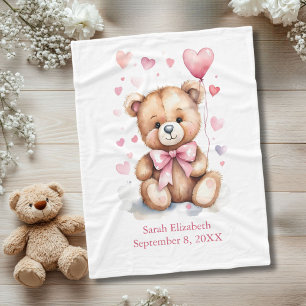 Cobertor De Velo Urso de pelúcia personalizado com laço rosa e cora