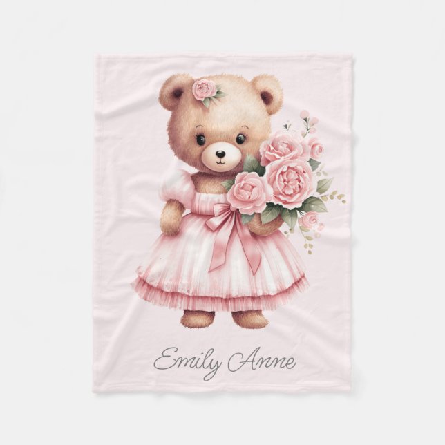 Cobertor De Velo Urso de Pelúcia Rosa Flores Nome da Criança (Frente)