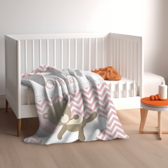 Cobertor De Velo Urso de Teddy Bonito com Monograma Personalizado (An adorable teddy bear blanket with pink chevrons and baby's name.)