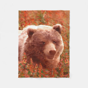 Cobertor De Velo Urso Grizzly na Pintura de Arte Selvagem com Algas