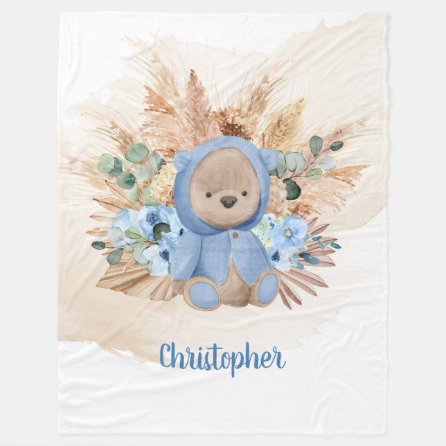 Cobertor De Velo Urso peludo-peludo-peluche pampas flores azuis (Frente)