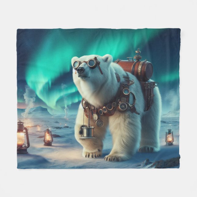 Cobertor De Velo Urso Polar Steampunk e Arte Aurora (Frente (Horizontal))