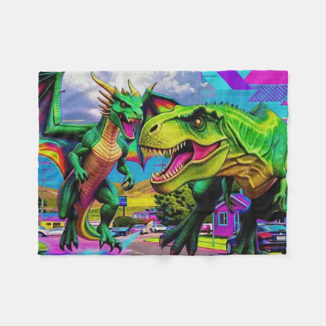 Cobertor De Velo Vamos Jogar - Dragão Verde e Dinossauro (Frente (Horizontal))