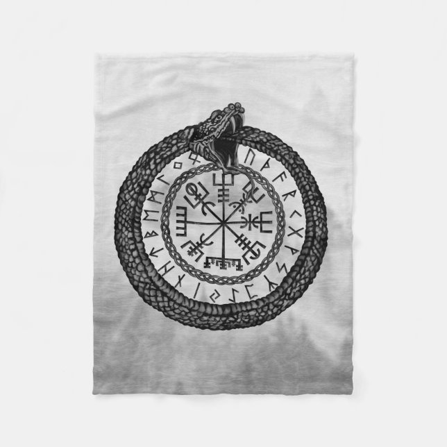 Cobertor De Velo Vegvisir com Ouroboros e runes - grayscale (Frente)