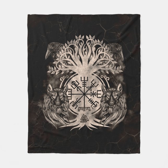Cobertor De Velo Vegvisir - Yggdrasil Com Ravens E Lobos (Frente)