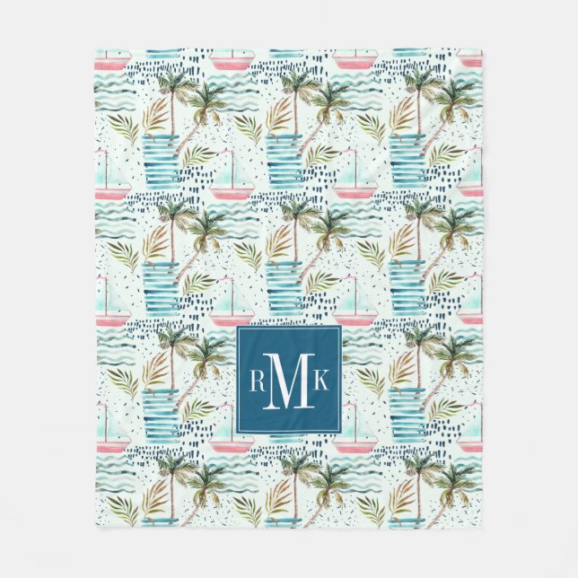 Cobertor De Velo Veleiro da aguarela com teste padrão da palmeira (Frente)