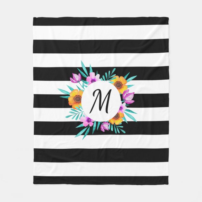 Cobertor De Velo Vermelhidão Floral Tropical Black Stripes Monogram (Frente)