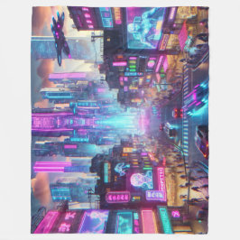 Cobertor De Velo Vibrant Neon Cyberpunk Cityscape Fantasy |