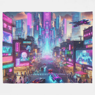 Cobertor De Velo Vibrant Neon Cyberpunk Cityscape Fantasy