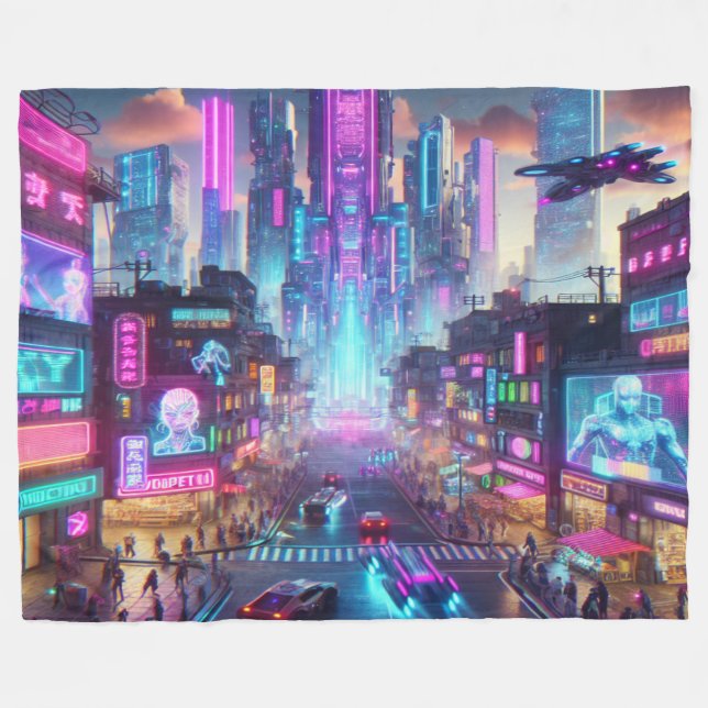 Cobertor De Velo Vibrant Neon Cyberpunk Cityscape Fantasy | (Frente (Horizontal))