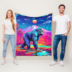 Cobertor De Velo Vibrant Neon Gorilla em uma cena da selva surreal