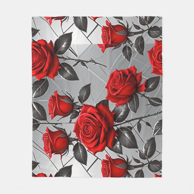 Cobertor De Velo Vibrant Red Roses On A Metallic Silver Background  (Frente)
