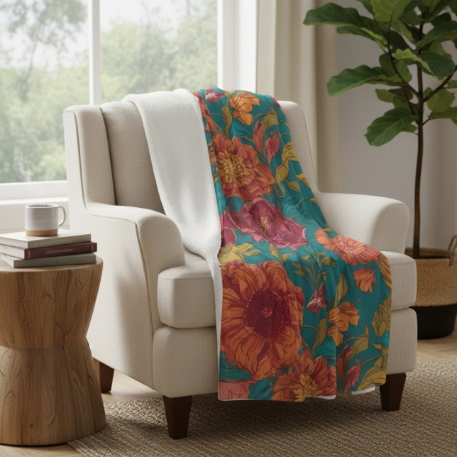 Cobertor De Velo Vibrante Floral em Azul Turquesa e Laranja (Criador carregado)
