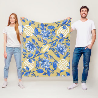 Cobertor De Velo Vintage Blue e Dourada Chinoiserie Floral