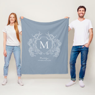 Cobertor De Velo Vintage Dusty Blue Floral Crest Monograma