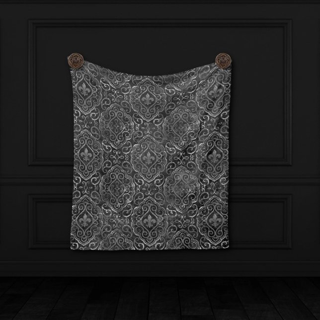 Cobertor De Velo Vintage Fleur de Lis | Black Silver Grunge Damask (Criador carregado)