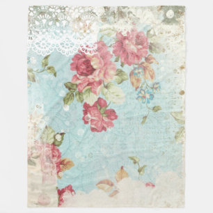 Cobertor De Velo Vintage Pastel Rosas Rosa e Lace Branco