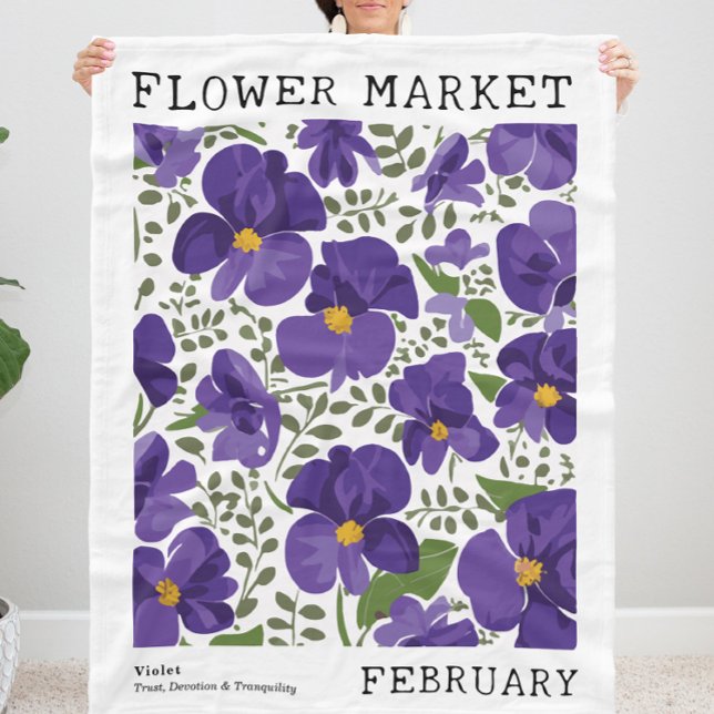 Cobertor De Velo Violeta Roxa Frota de Nascimento Floral (Personalized February Birth Flower Market Print Fleece Blanket, Customizable Violet Floral Blanket)