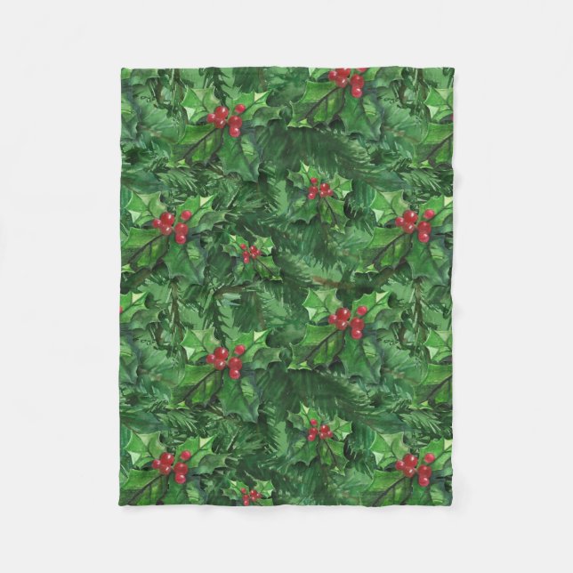 Cobertor De Velo Watercolor Christmas Holly Berries (Frente)