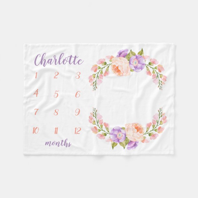 Cobertor De Velo Watercolor Floral Monograma Baby Milestone Foto (Frente (Horizontal))