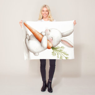 Cobertor De Velo Watercolor Fluffy Bunny Carrot Love