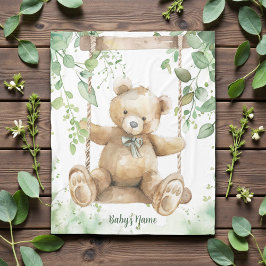 Cobertor De Velo Watercolor Shades of Green Teddy Bear
