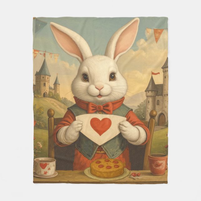 Cobertor De Velo Whimsical White Rabbit Hearts Enchanted Wonderland (Frente)
