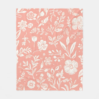 Cobertor De Velo White Floral Meadow on Coral Pink Fleêc Blanket