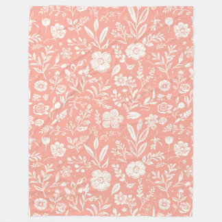 Cobertor De Velo White Floral Meadow on Coral Pink Fleece Blanket