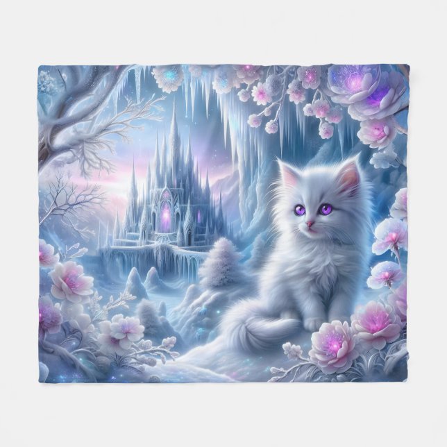 Cobertor De Velo White Kitten em Fantasy Ice Kingdom (Frente (Horizontal))