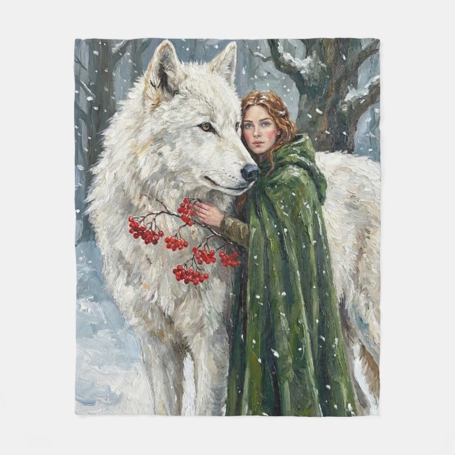 Cobertor De Velo White Wolf Redhead Druid Winter Berries Fantasy Ar (Frente)