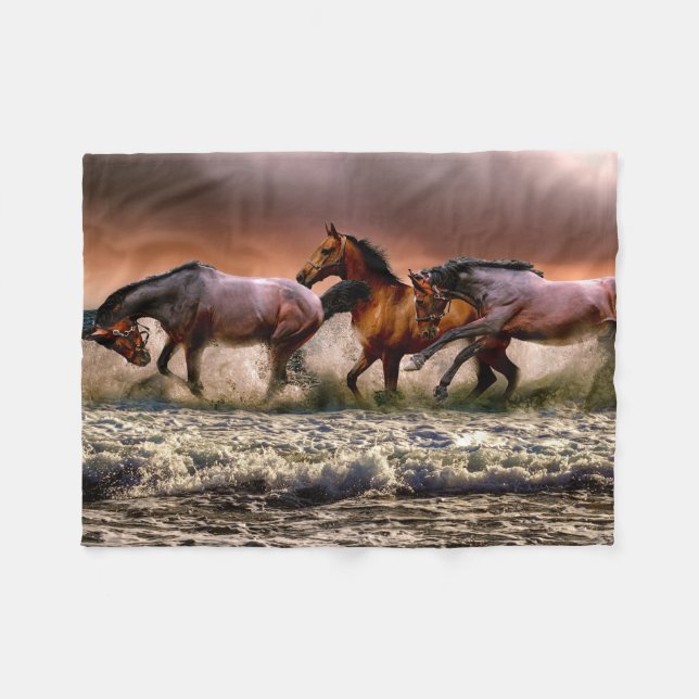 Cobertor De Velo Wild Horses Playing in the Sea print (Frente (Horizontal))