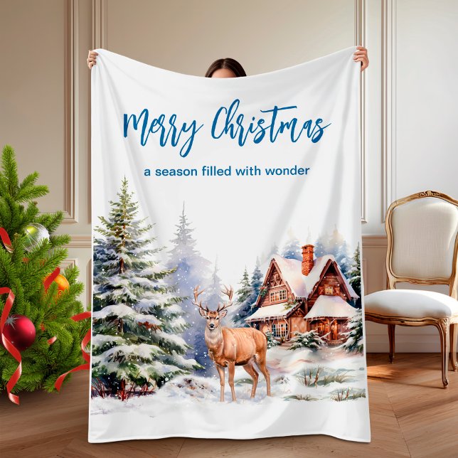 Cobertor De Velo Winter Deer in Snowy Forest Christmas  (Winter Deer in Snowy Forest Christmas Fleece Blanket)