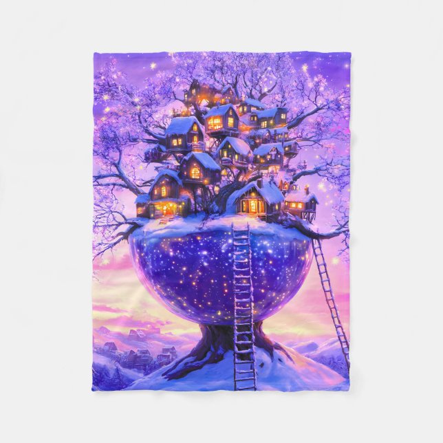 Cobertor De Velo Winter Fantasy Snowy Tree Village Landscape (Frente)
