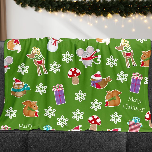 Cobertor De Velo Woodland Animal Pattern Green Merry Christmas (Criador carregado)