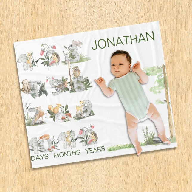 Cobertor De Velo Woodland Animals Custom Numbers Milestone Age  (Criador carregado)