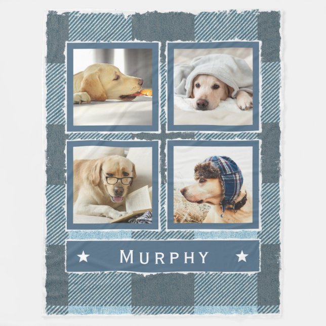 Cobertor De Velo Xadrez de 4 Photo Cão Grande Russo Azul Denim Buff (Frente)
