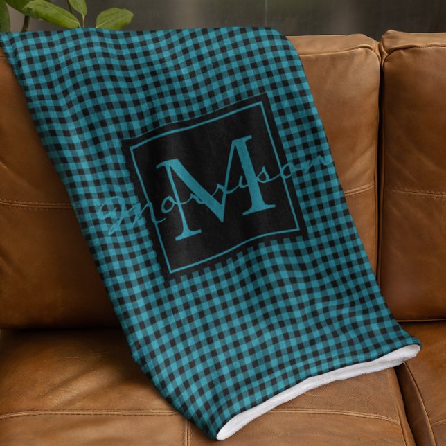 Cobertor De Velo Xadrez De Búfalos Azul E Preto, Monograma Personal (Criador carregado)