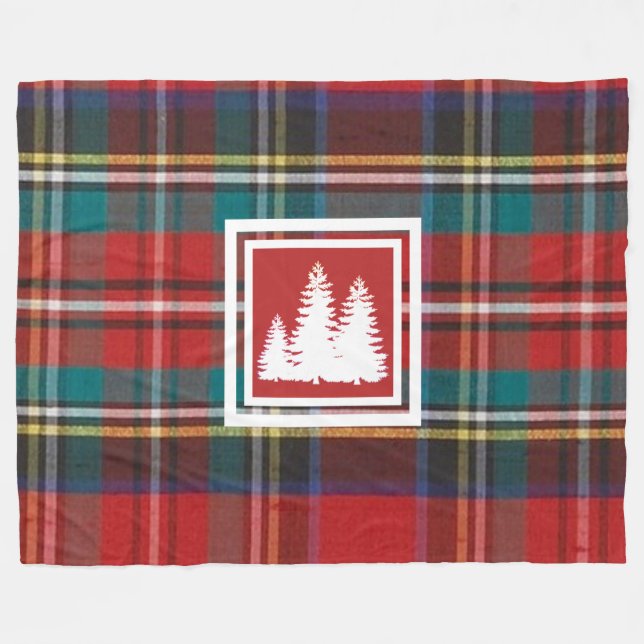 Cobertor De Velo Xadrez de Tartan Vermelho e silhueta de pinheiro b (Frente (Horizontal))