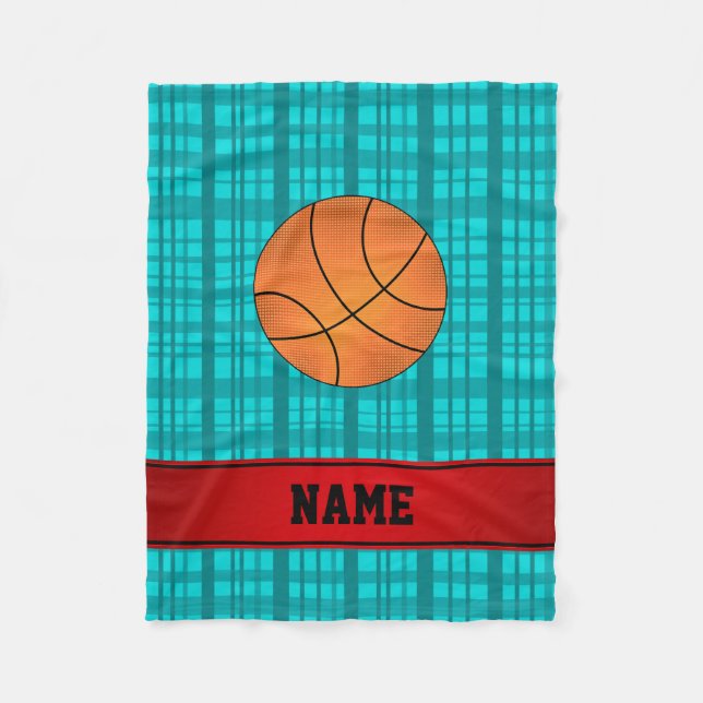 Cobertor De Velo Xadrez de turquesa de basquete com nome personaliz (Frente)